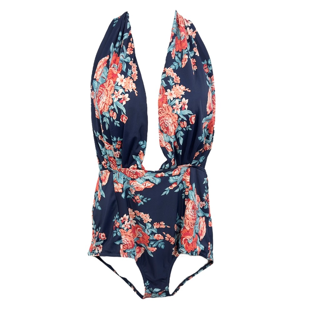 Cocoship Plus Size 3X Swimsuit Floral Plunge One Piece Open Back‎ Halter 1003